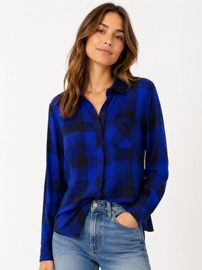 Rails Hunter Blue Black Plaid Button Down Shirt XS Soft Rayon
